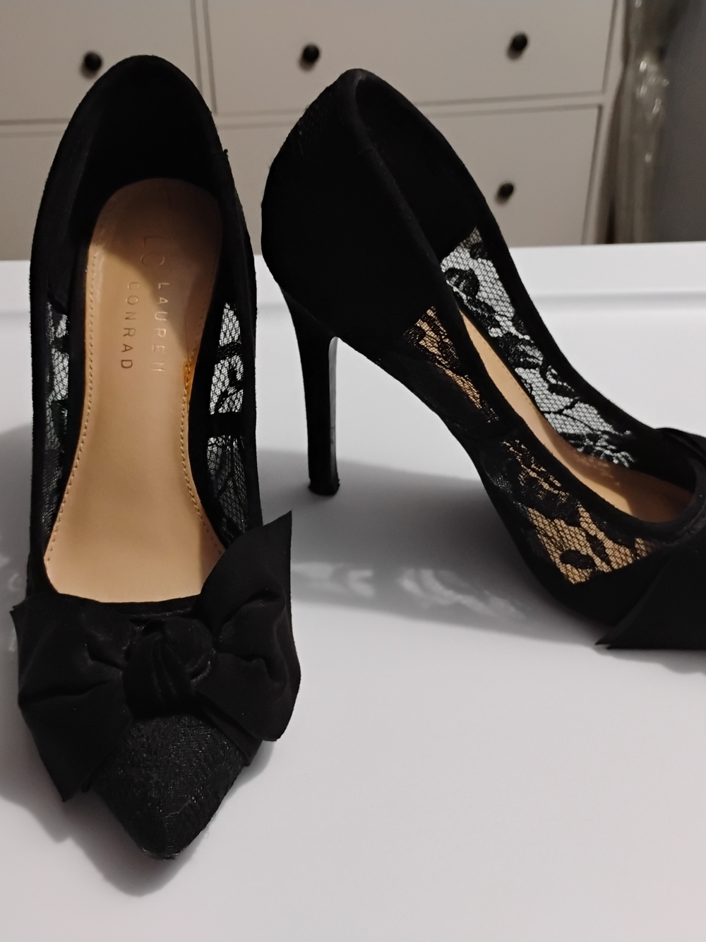 LC Lauren Conrad Black Lace Bow Pointed-Toe Pumps